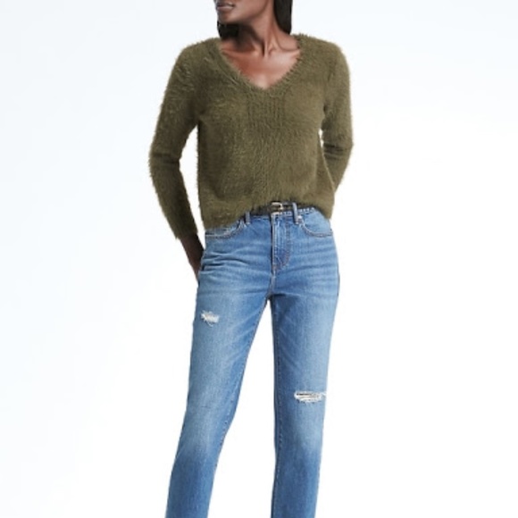Banana Republic Sweaters - Banana Republic Olive Green Fuzzy V-Neck